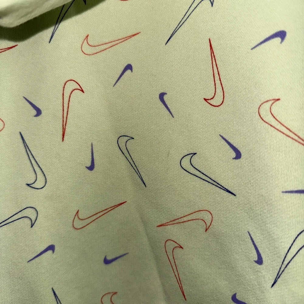 2/$15 Nike Green Hoodie with Multicolor Swoosh Pattern, minor stains